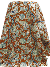 Saddle Brown/Steel Teal/Manilla/Multi Cotton/Lycra Folk Floral Vines Print Lawn - NY Designer - 56W