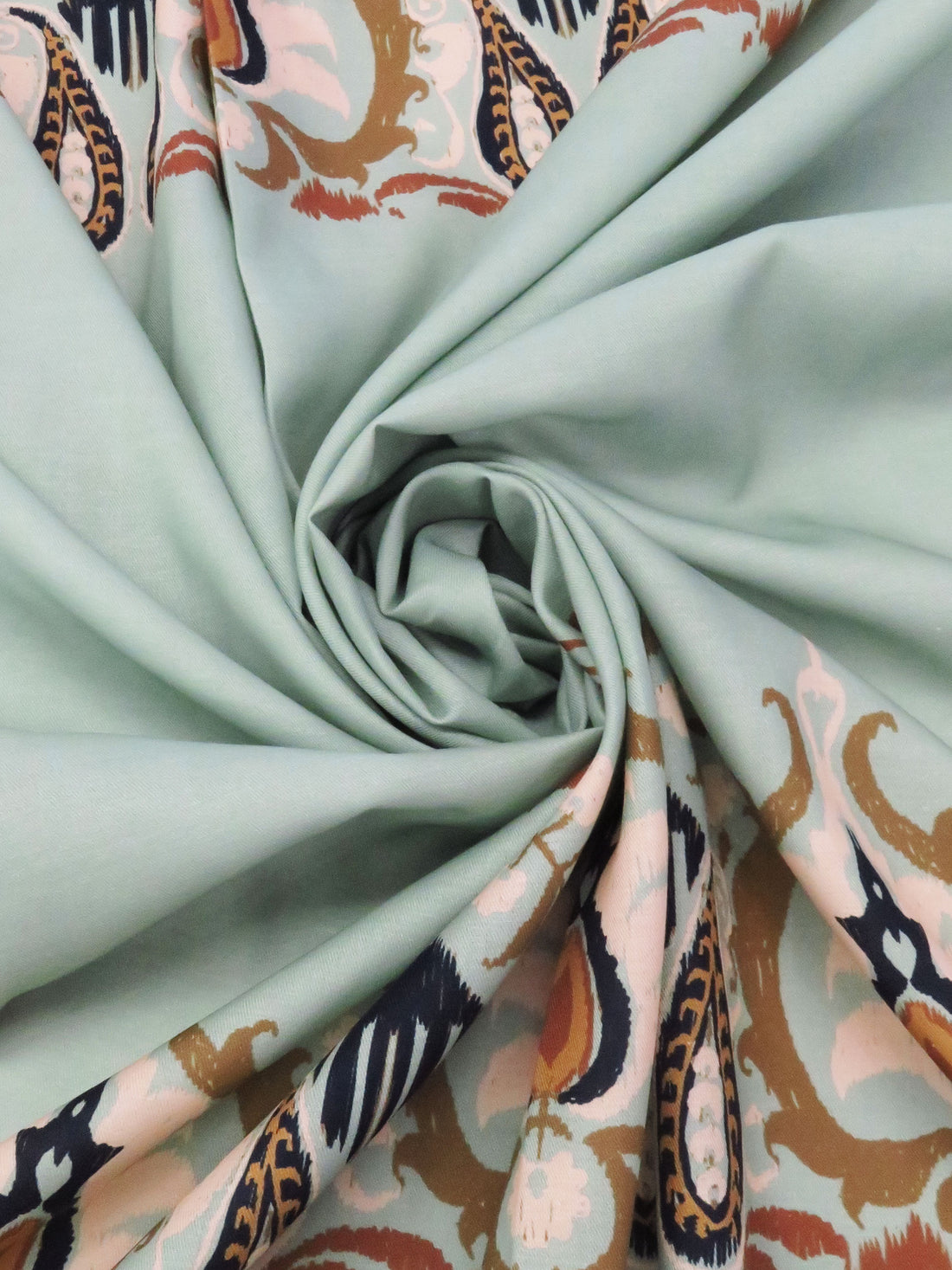 SOLD BY THE PANEL ONLY - Sea Glass Green/Pale Petal Pink/Willow Brown/Multi 100% Rayon Damask Paisley Print Twill Challis - NY Designer - 58W