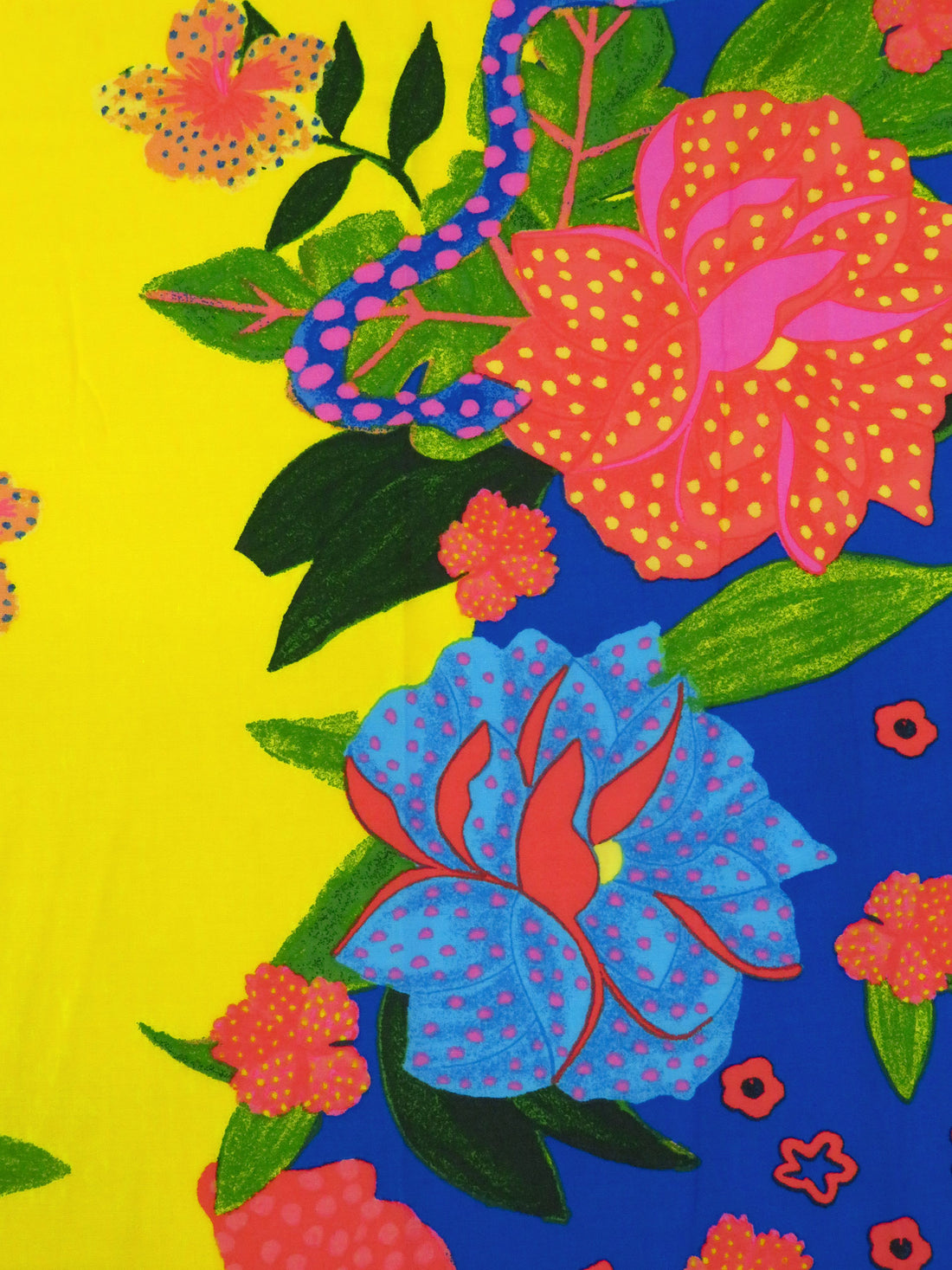 Yellow/Egyptian Blue/Cinnabar/Multi 100% Rayon Abstract Tropical Print Challis - NY Designer - 50W
