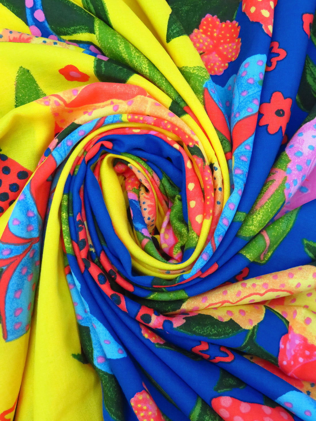 Yellow/Egyptian Blue/Cinnabar/Multi 100% Rayon Abstract Tropical Print Challis - NY Designer - 50W