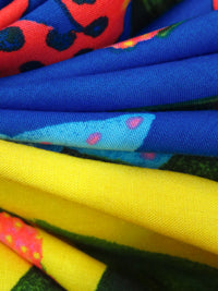 Yellow/Egyptian Blue/Cinnabar/Multi 100% Rayon Abstract Tropical Print Challis - NY Designer - 50W