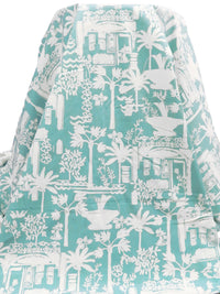 Light Dusty Teal/White Rayon/Nylon/Lycra Moroccan Holiday Print Stretch Twill Bottom Weight Woven - NY Designer - 54W