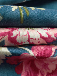 Dark Teal Blue/Cerise/Sage/Multi Cotton/Rayon Floral Bunch Print Sateen Shirting - NY Designer - 54W