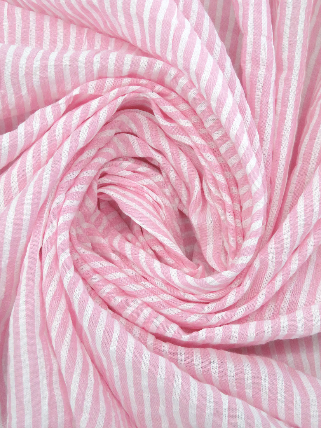 White/Bubblegum Pink Cotton/Lycra Vertical Stripe Weave Crinkle Voile - NY Designer - 60W