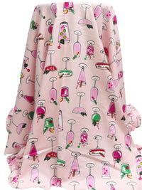 Pale Pink/Jazzberry/Charcoal/Multi 100% Cotton Party Drinks Print Flannel - NY Designer - 54W
