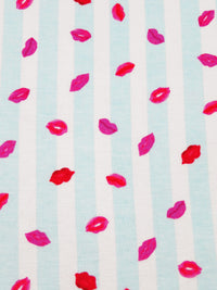 Light Sky Blue/White/Scarlet/Multi Rayon/Lycra Lips On Vertical Stripe Print Jersey Knit - NY Designer - 58W
