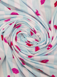 Light Sky Blue/White/Scarlet/Multi Rayon/Lycra Lips On Vertical Stripe Print Jersey Knit - NY Designer - 58W