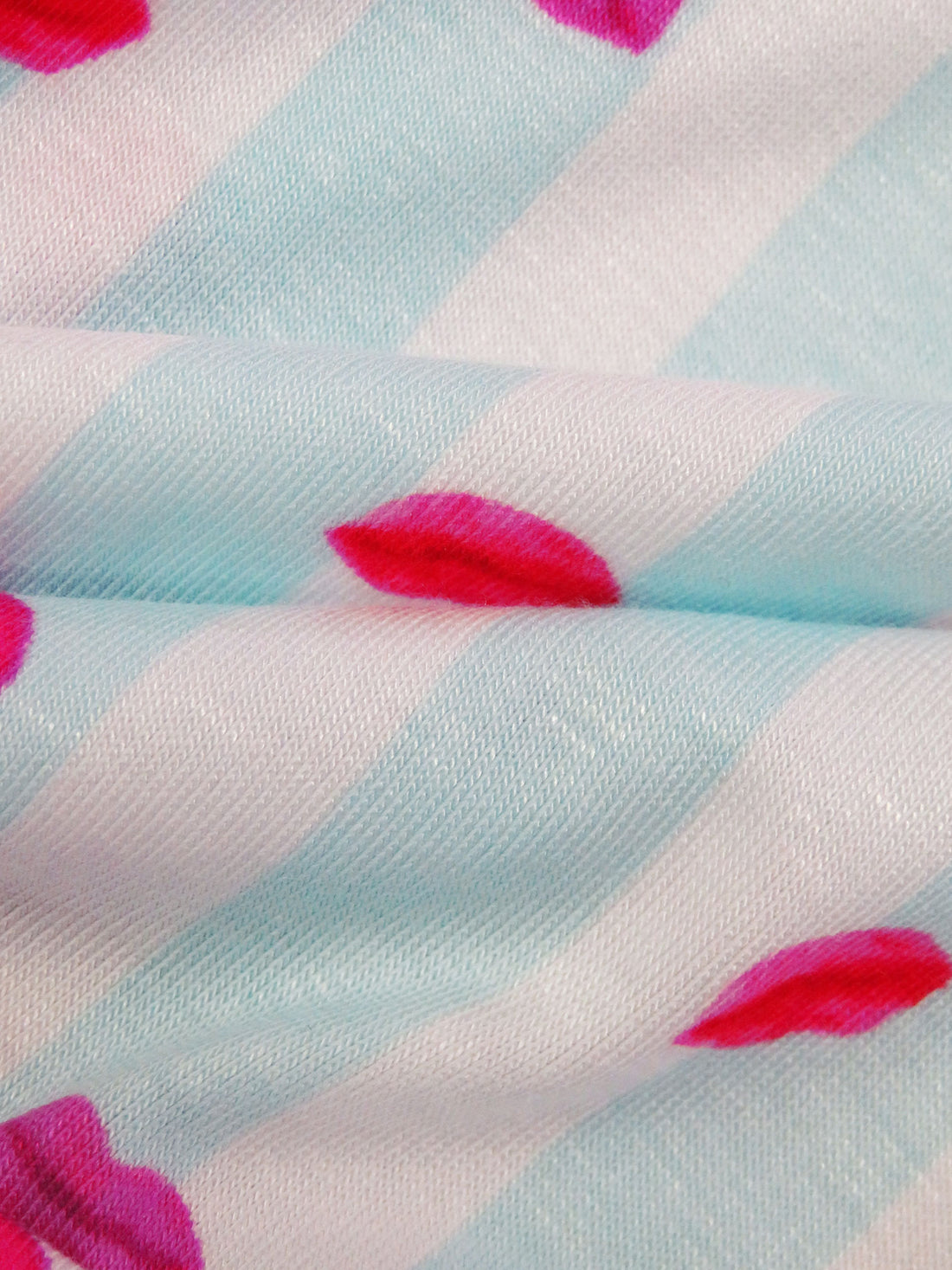 Light Sky Blue/White/Scarlet/Multi Rayon/Lycra Lips On Vertical Stripe Print Jersey Knit - NY Designer - 58W