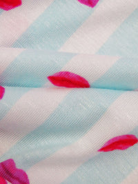 Light Sky Blue/White/Scarlet/Multi Rayon/Lycra Lips On Vertical Stripe Print Jersey Knit - NY Designer - 58W