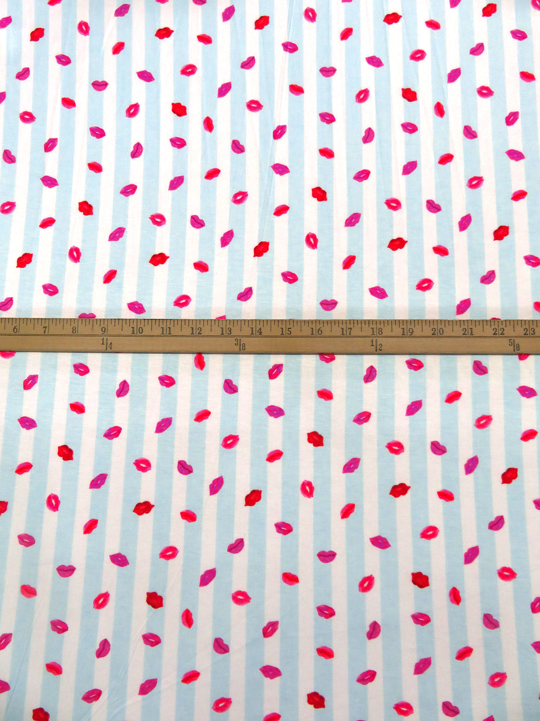 Light Sky Blue/White/Scarlet/Multi Rayon/Lycra Lips On Vertical Stripe Print Jersey Knit - NY Designer - 58W