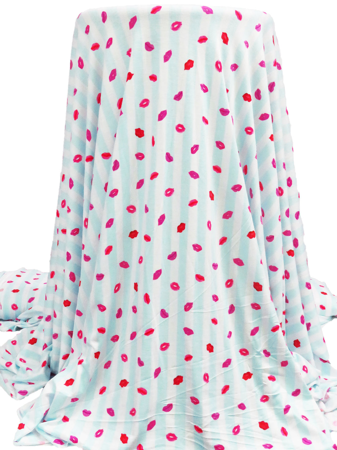 Light Sky Blue/White/Scarlet/Multi Rayon/Lycra Lips On Vertical Stripe Print Jersey Knit - NY Designer - 58W