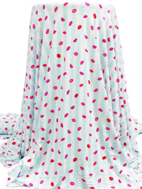 Light Sky Blue/White/Scarlet/Multi Rayon/Lycra Lips On Vertical Stripe Print Jersey Knit - NY Designer - 58W