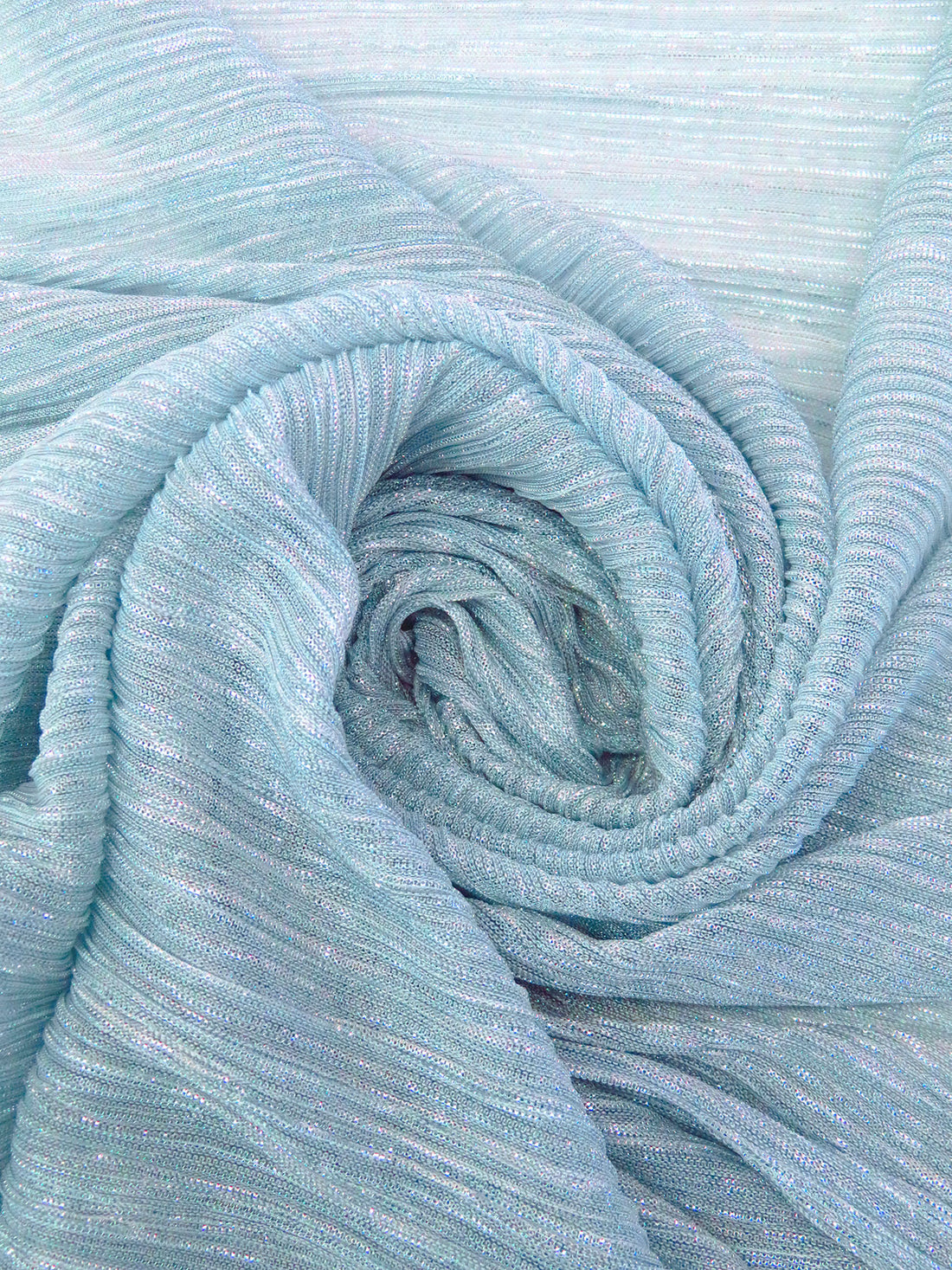 Light Sky Blue/White Polyester/Metallic/Lycra Pleated Sheer Knit - NY Designer - 54W
