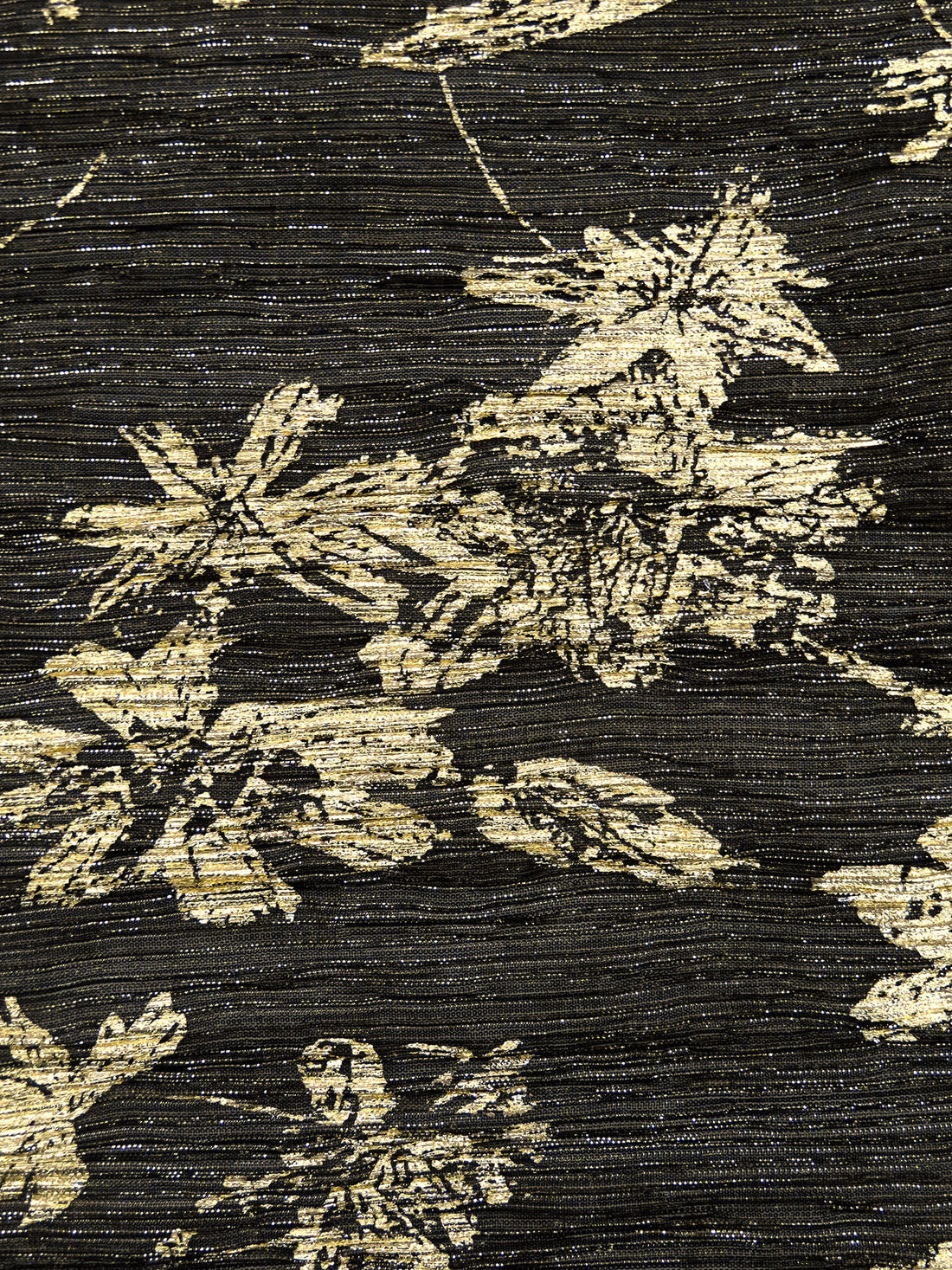 Black/Gold Polyester/Metallic/Lycra Floral Foil Print Pleated Sheer Knit - NY Designer - 54W