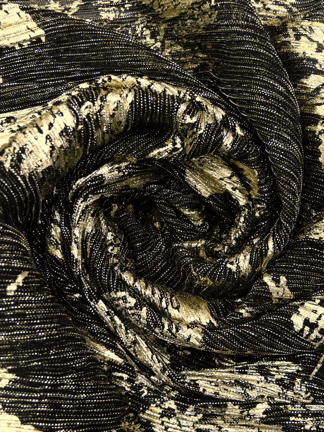 Black/Gold Polyester/Metallic/Lycra Floral Foil Print Pleated Sheer Knit - NY Designer - 54W
