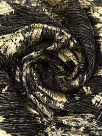 Black/Gold Polyester/Metallic/Lycra Floral Foil Print Pleated Sheer Knit - NY Designer - 54W