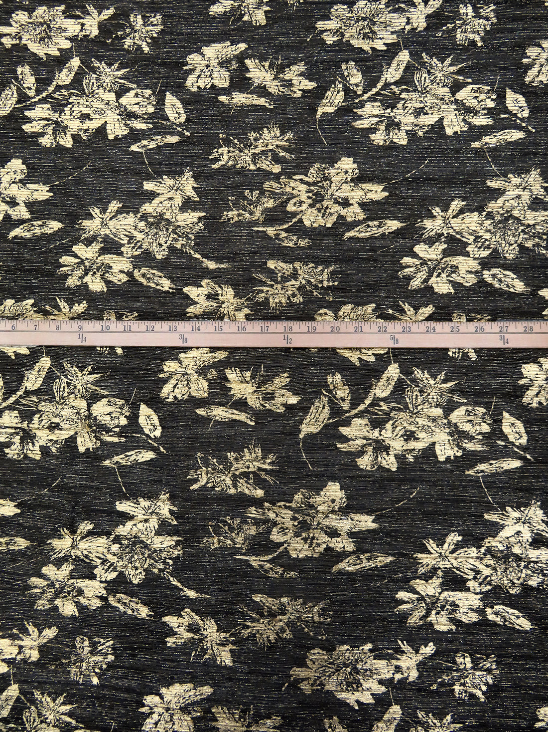 Black/Gold Polyester/Metallic/Lycra Floral Foil Print Pleated Sheer Knit - NY Designer - 54W