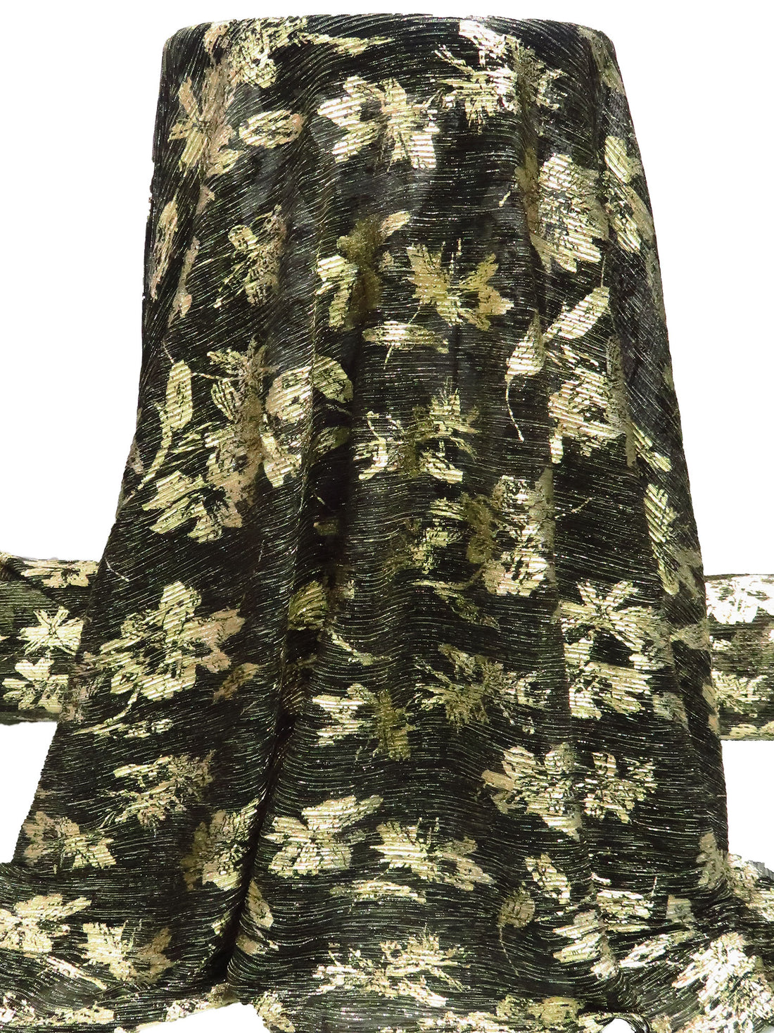 Black/Gold Polyester/Metallic/Lycra Floral Foil Print Pleated Sheer Knit - NY Designer - 54W