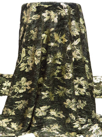 Black/Gold Polyester/Metallic/Lycra Floral Foil Print Pleated Sheer Knit - NY Designer - 54W