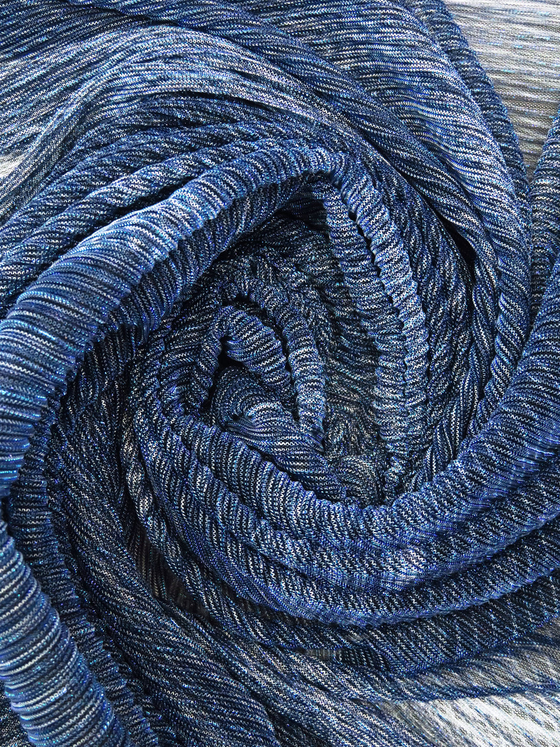 Midnight Blue/Black/Tropical Blue/White Polyester/Metallic/Lycra Abstract Wave Print Pleated Sheer Knit - NY Designer - 54W