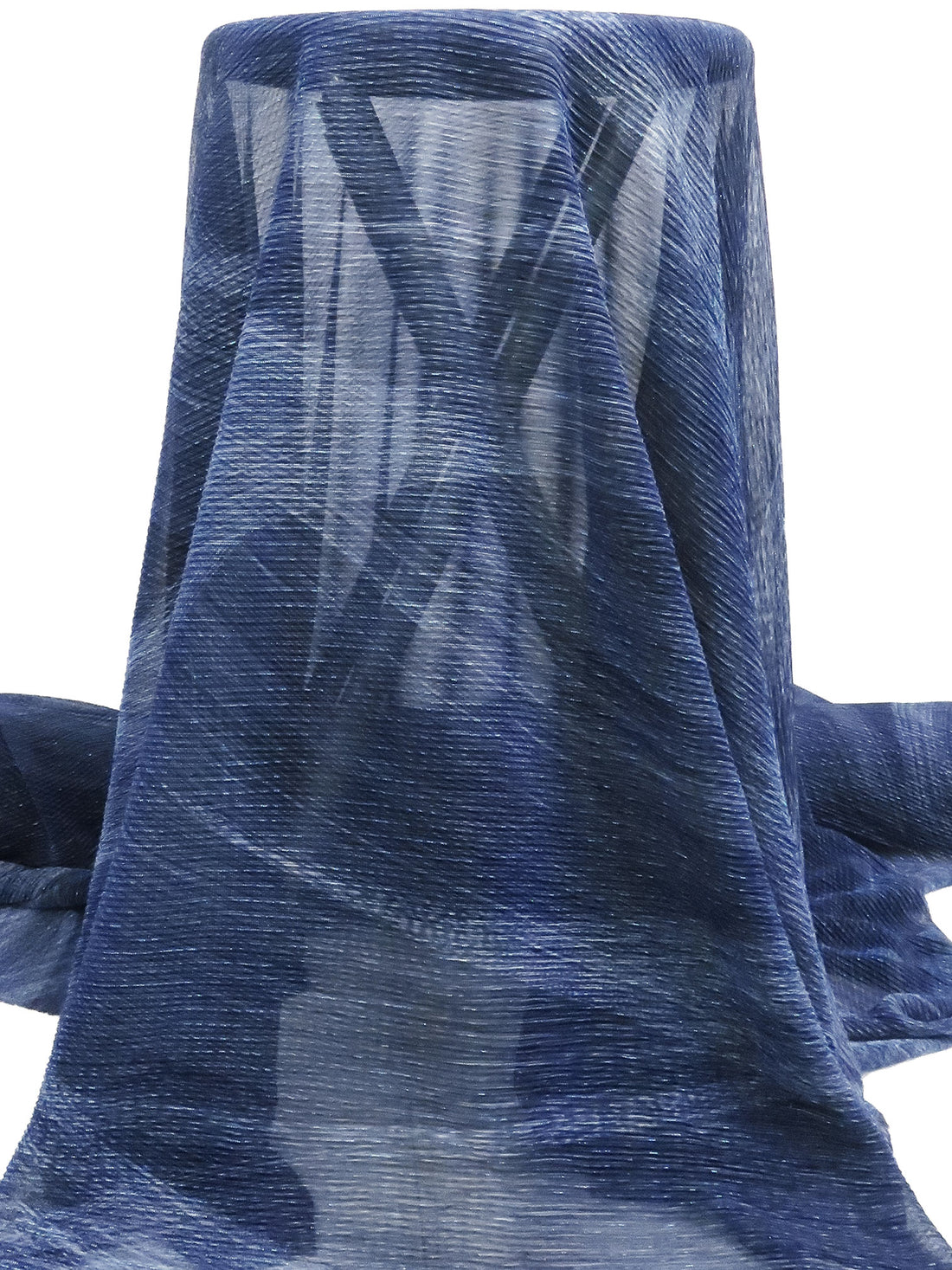 Midnight Blue/Black/Tropical Blue/White Polyester/Metallic/Lycra Abstract Wave Print Pleated Sheer Knit - NY Designer - 54W