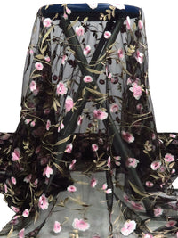 Bubblegum Pink/Black/Baby Bok Choy/Multi 100% Nylon Double Border Scalloped Embroidered Floral Netting - NY Designer - 56W