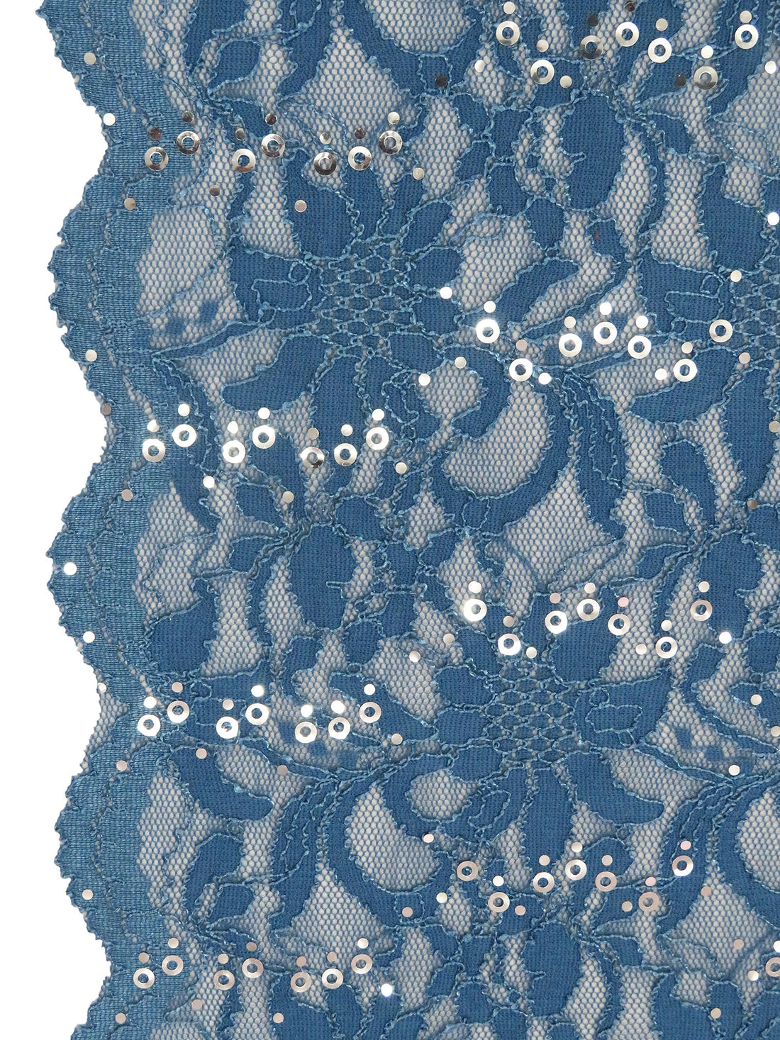 Queen Blue 100% Polyester Double Scalloped Border Corded Floral Design Lace With Sequins - NY Designer - 50W