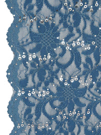 Queen Blue 100% Polyester Double Scalloped Border Corded Floral Design Lace With Sequins - NY Designer - 50W
