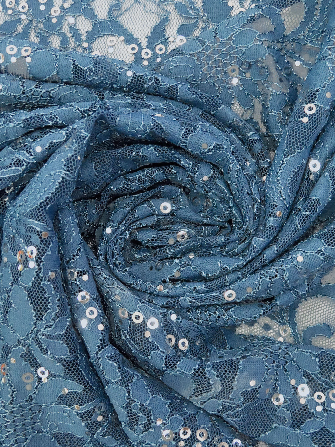 Queen Blue 100% Polyester Double Scalloped Border Corded Floral Design Lace With Sequins - NY Designer - 50W