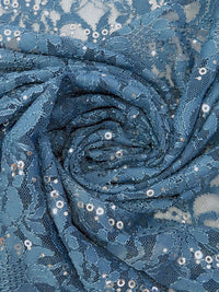 Queen Blue 100% Polyester Double Scalloped Border Corded Floral Design Lace With Sequins - NY Designer - 50W