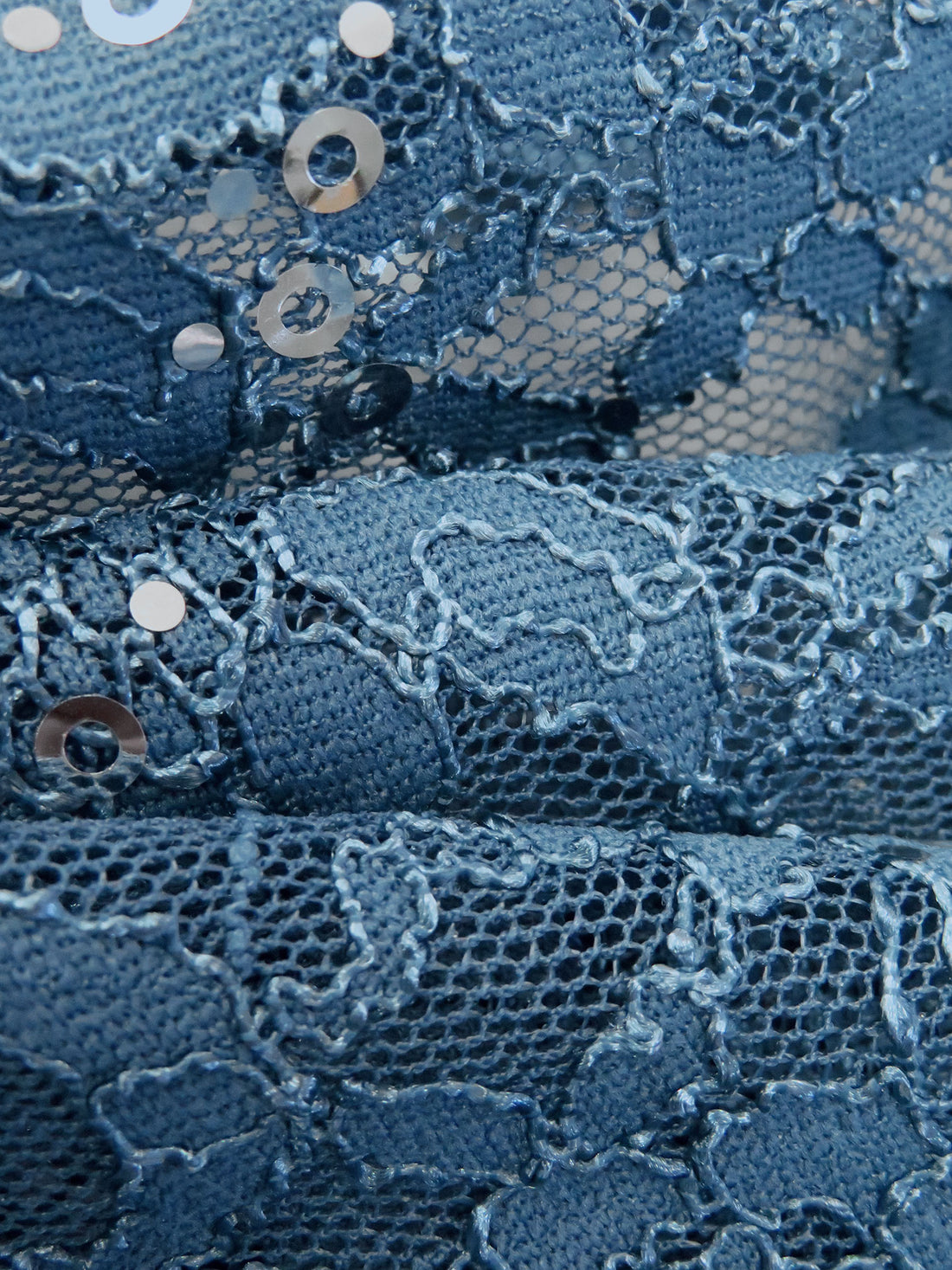 Queen Blue 100% Polyester Double Scalloped Border Corded Floral Design Lace With Sequins - NY Designer - 50W