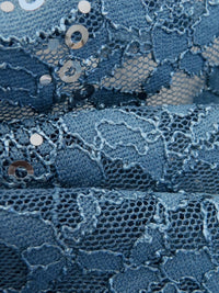 Queen Blue 100% Polyester Double Scalloped Border Corded Floral Design Lace With Sequins - NY Designer - 50W