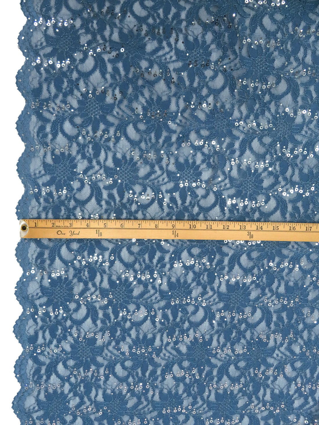Queen Blue 100% Polyester Double Scalloped Border Corded Floral Design Lace With Sequins - NY Designer - 50W