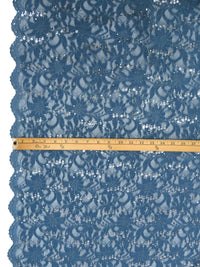 Queen Blue 100% Polyester Double Scalloped Border Corded Floral Design Lace With Sequins - NY Designer - 50W