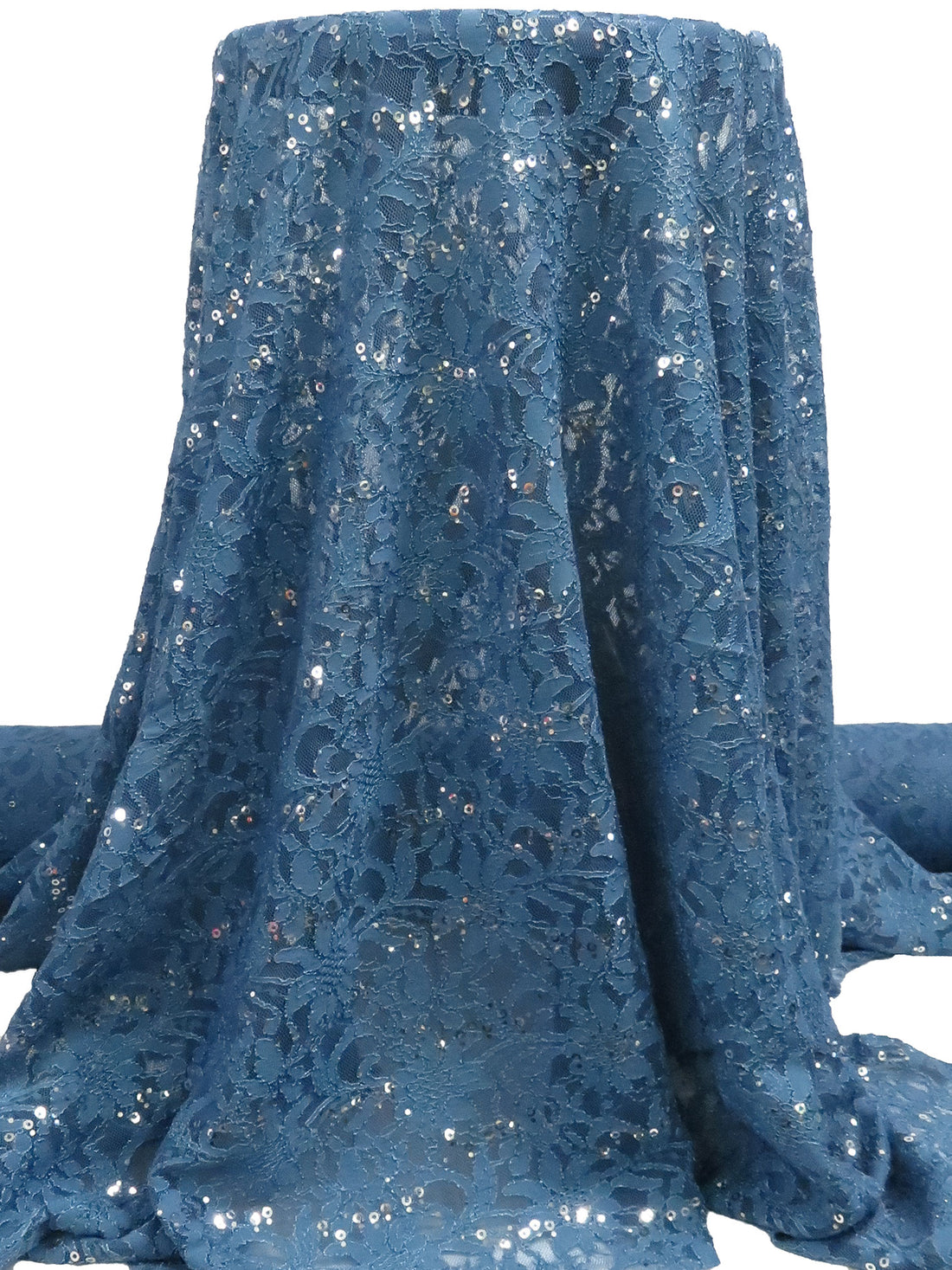 Queen Blue 100% Polyester Double Scalloped Border Corded Floral Design Lace With Sequins - NY Designer - 50W