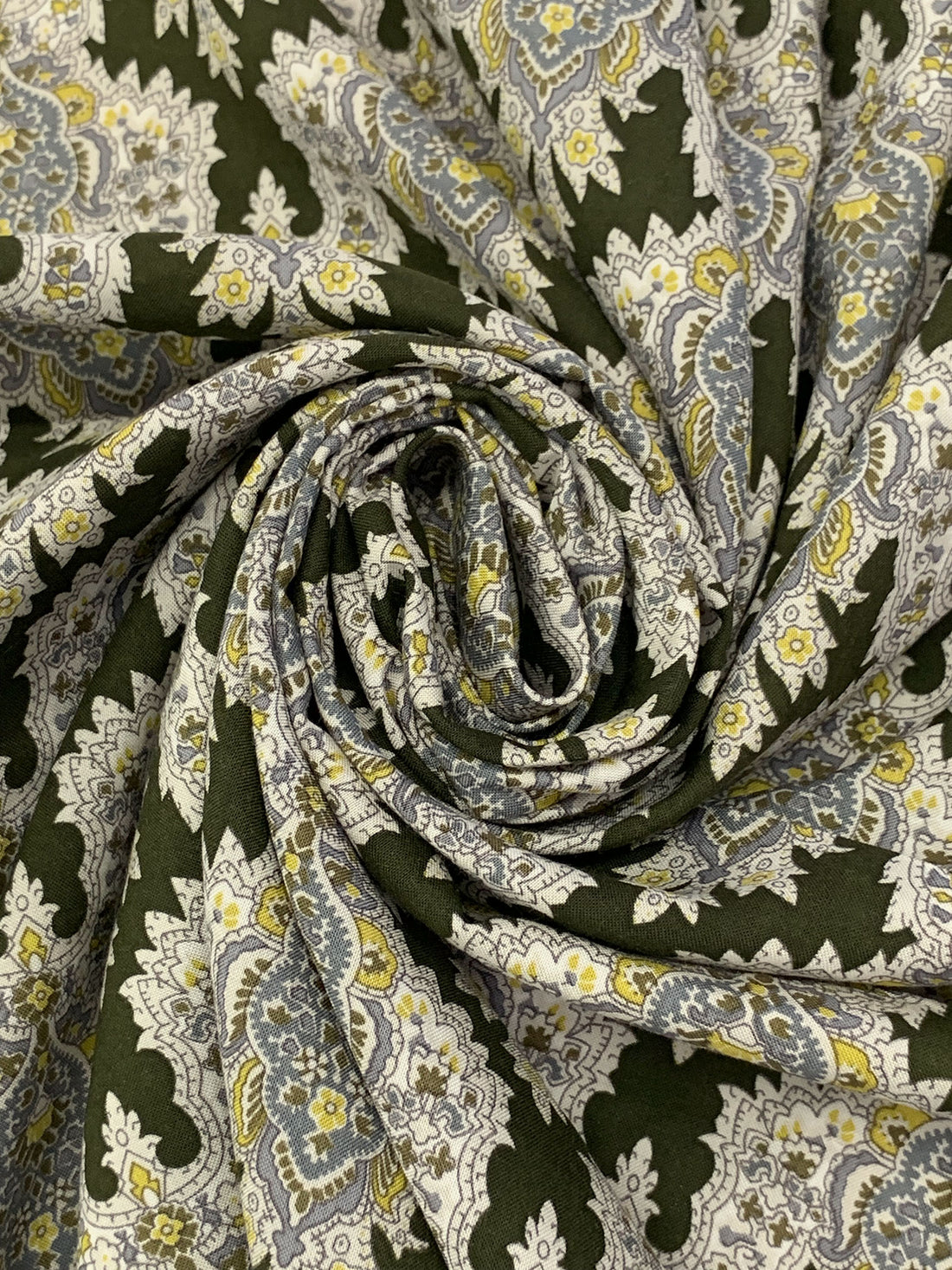 Olive Drab/Straw/Eggshell/Dark Silver 100% Rayon Damask Print Challis 43W
