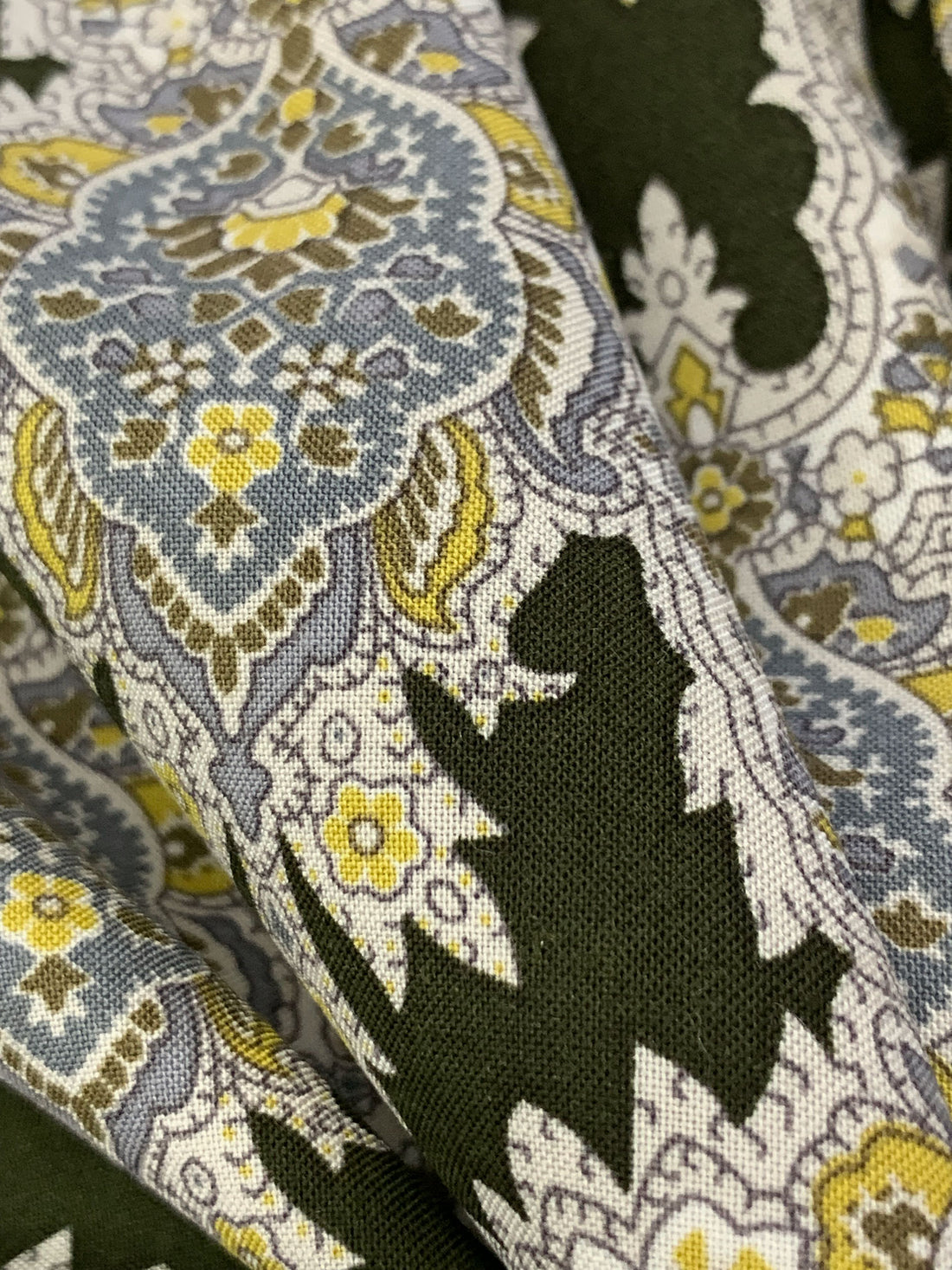 Olive Drab/Straw/Eggshell/Dark Silver 100% Rayon Damask Print Challis 43W