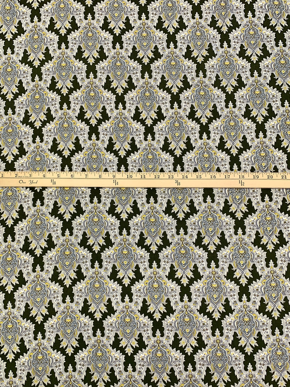 Olive Drab/Straw/Eggshell/Dark Silver 100% Rayon Damask Print Challis 43W