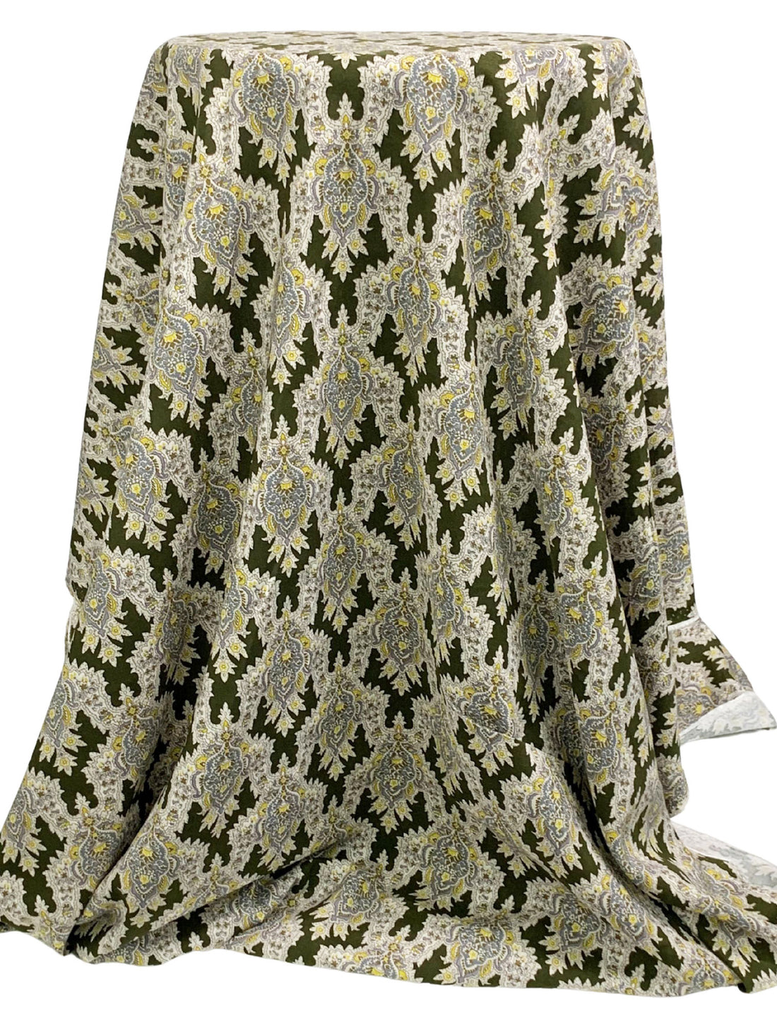 Olive Drab/Straw/Eggshell/Dark Silver 100% Rayon Damask Print Challis 43W