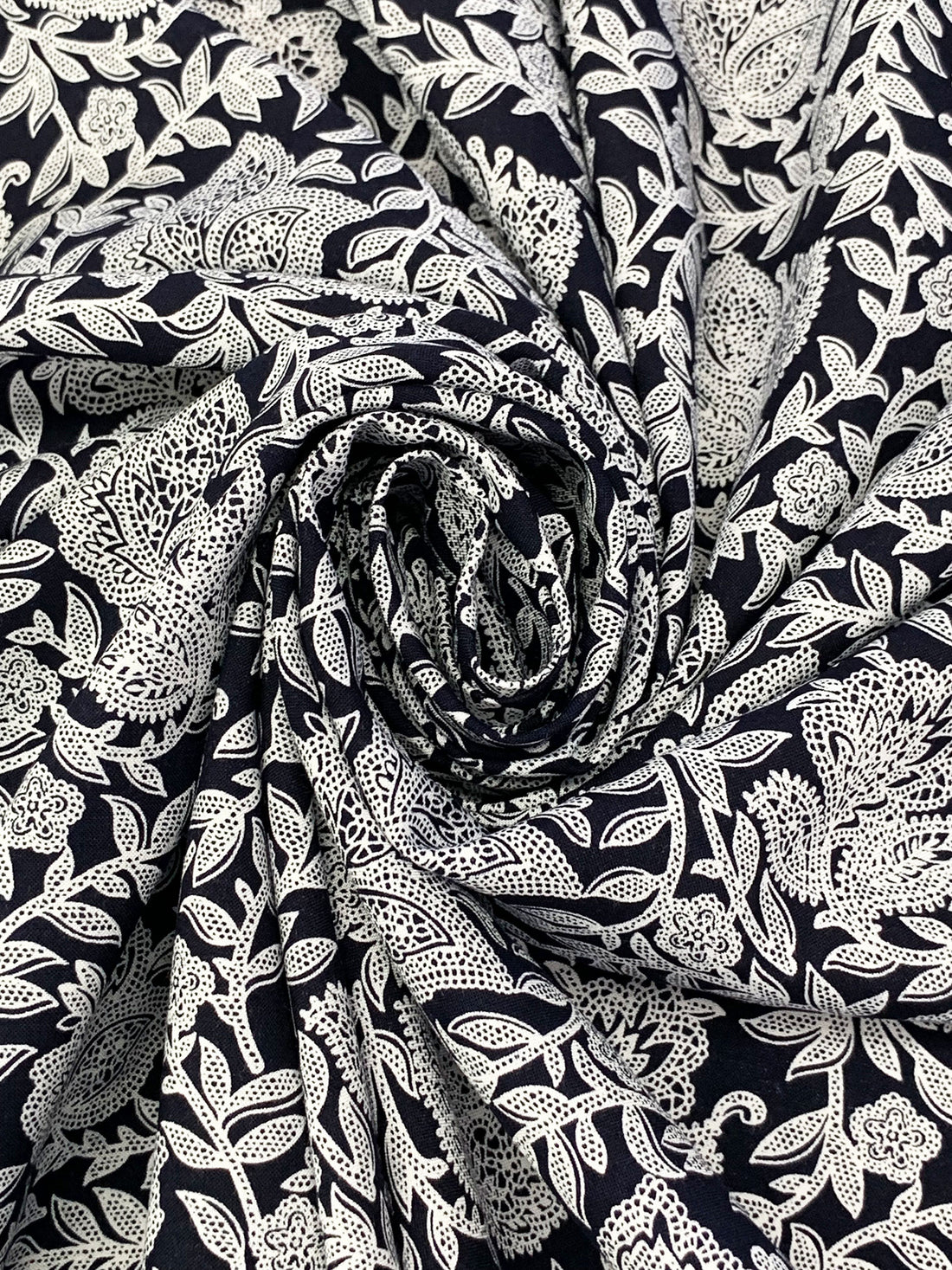 Midnight Navy/White 100% Rayon Stylized Floral Print Challis 43W