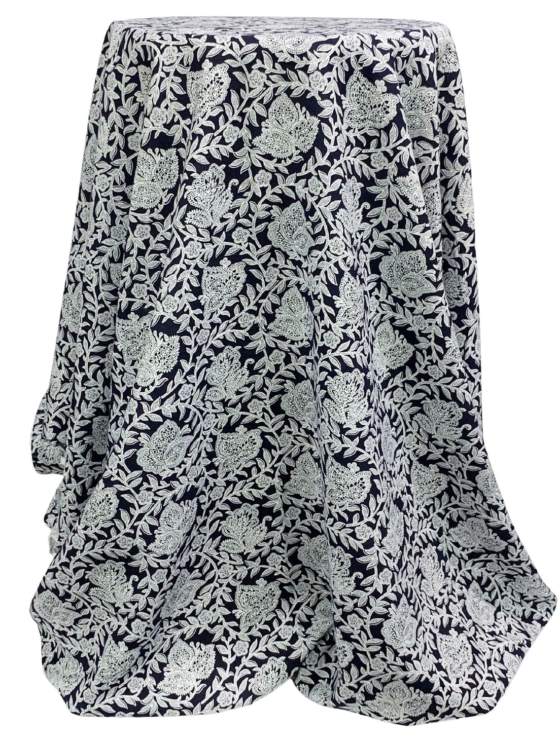Midnight Navy/White 100% Rayon Stylized Floral Print Challis 43W