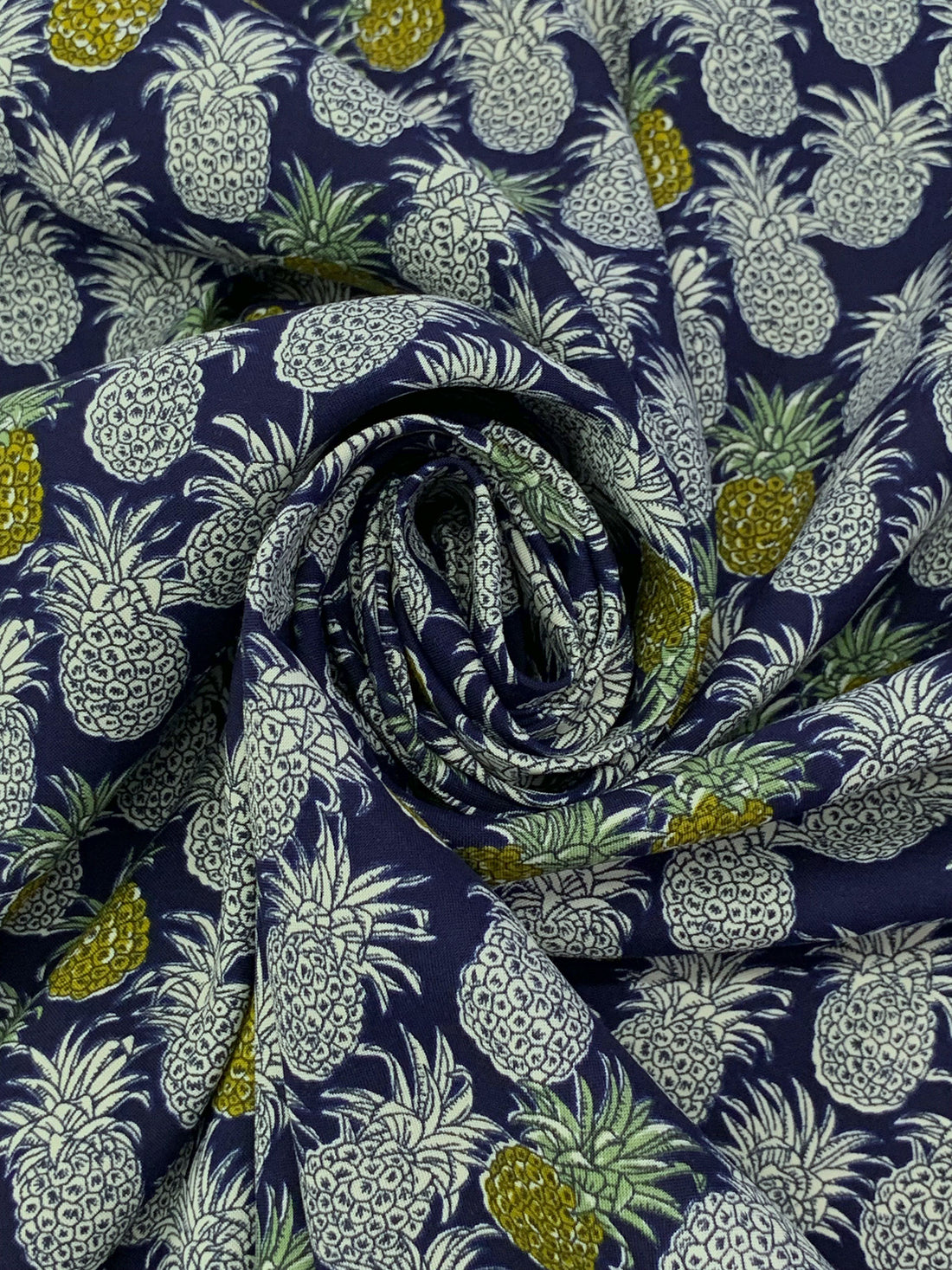 Navy/Brass/White 100% Rayon Pineapple Print Challis 43W