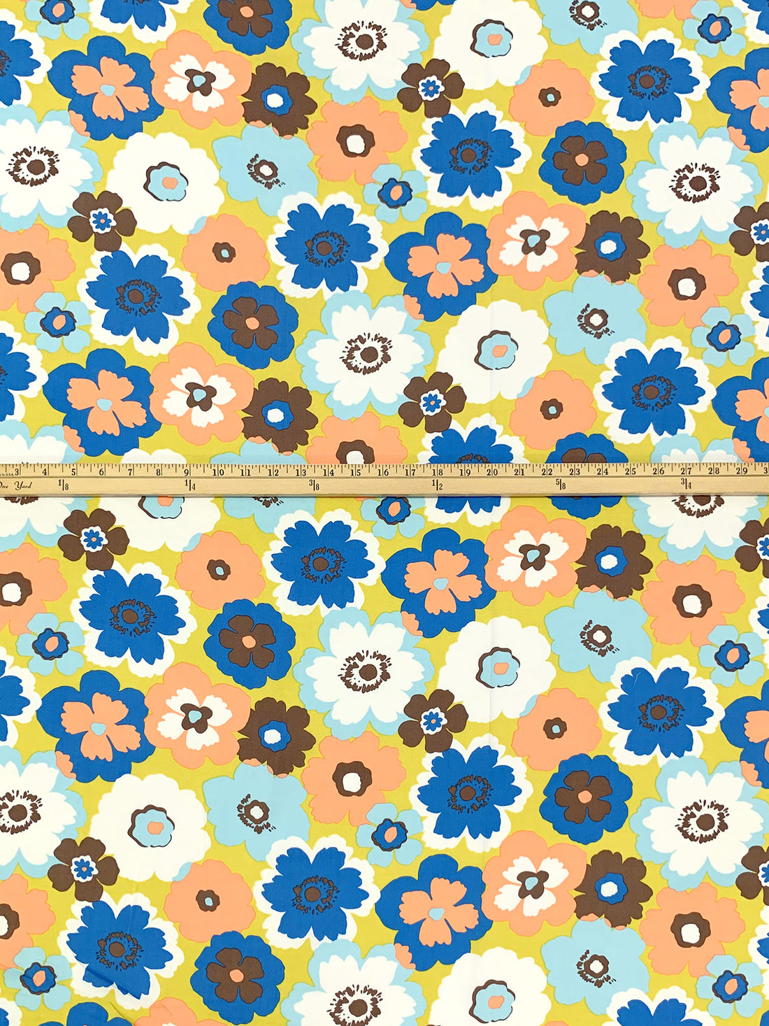 Old Gold/Cyan Cobalt Blue/Apricot/White 100% Rayon Floral Print Challis 43W