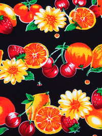 Black/Sunset Yellow/Orange/Multi 100% Rayon Fruit Stripe Print Challis - NY Designer - 43W