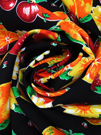 Black/Sunset Yellow/Orange/Multi 100% Rayon Fruit Stripe Print Challis - NY Designer - 43W