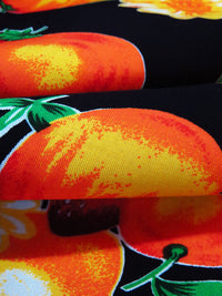 Black/Sunset Yellow/Orange/Multi 100% Rayon Fruit Stripe Print Challis - NY Designer - 43W
