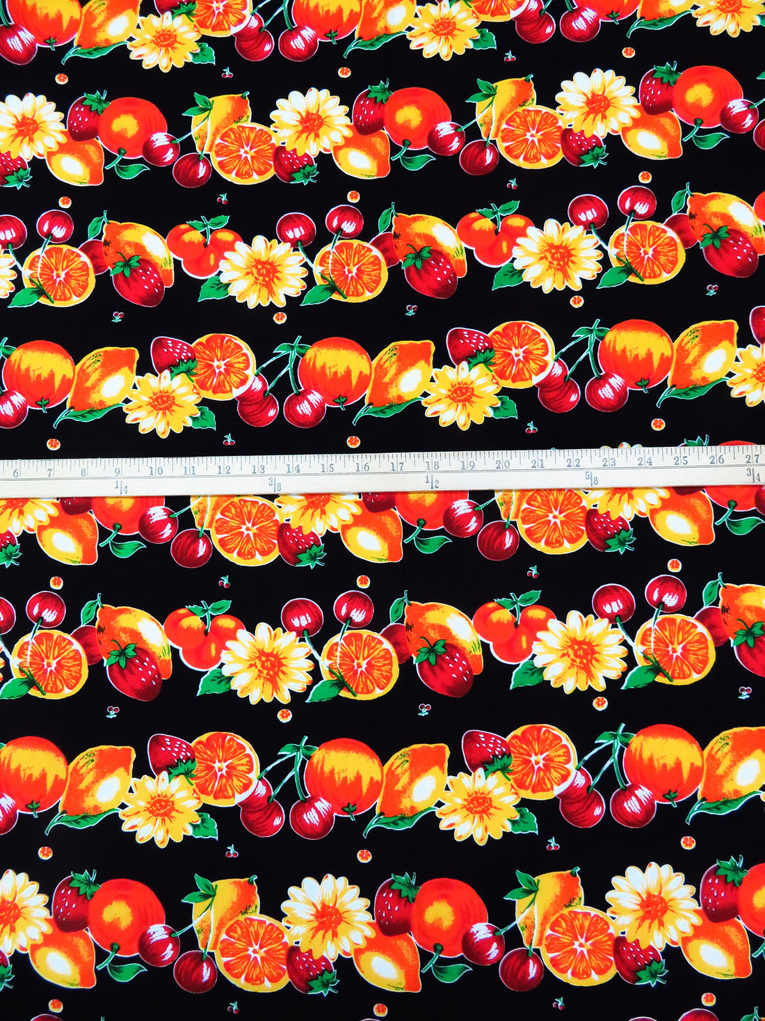 Black/Sunset Yellow/Orange/Multi 100% Rayon Fruit Stripe Print Challis - NY Designer - 43W