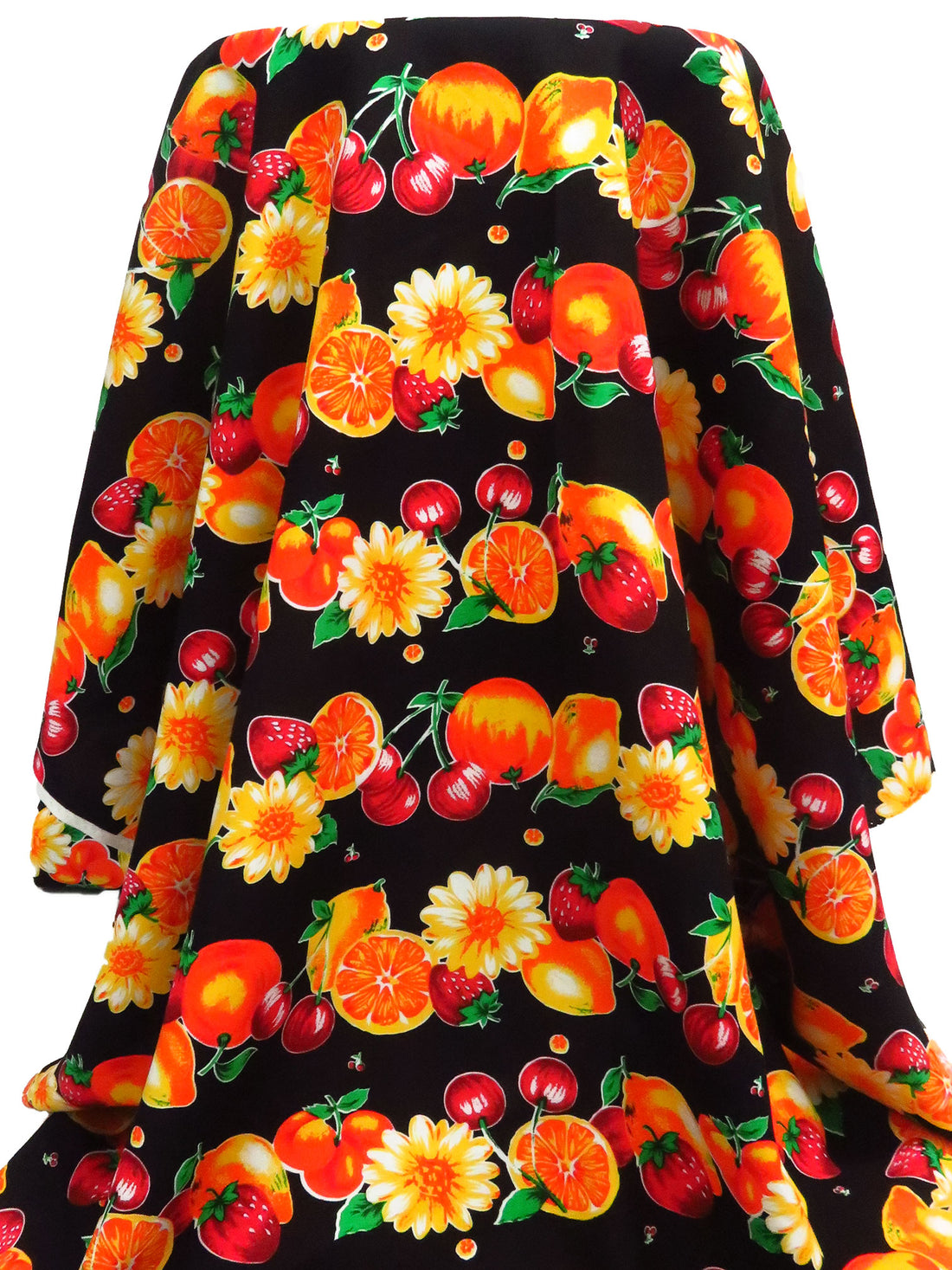 Black/Sunset Yellow/Orange/Multi 100% Rayon Fruit Stripe Print Challis - NY Designer - 43W
