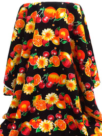 Black/Sunset Yellow/Orange/Multi 100% Rayon Fruit Stripe Print Challis - NY Designer - 43W