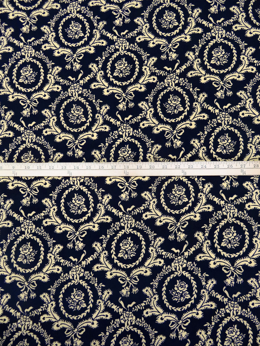 Midnight Navy/Ecru 100% Rayon Floral Framed Damask Print Challis - NY Designer - 43W